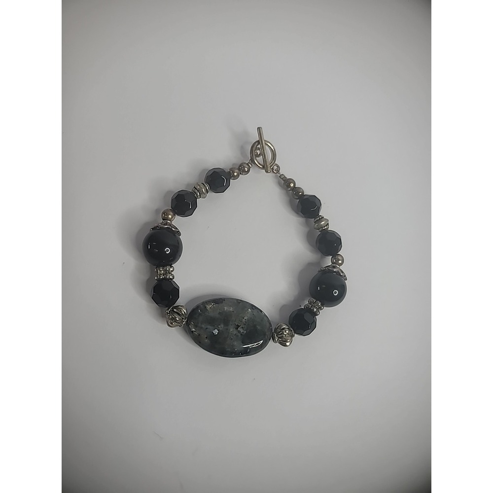 Vintage Silver Tone Bracelet Black Beaded Black Stone Jewelry Costume